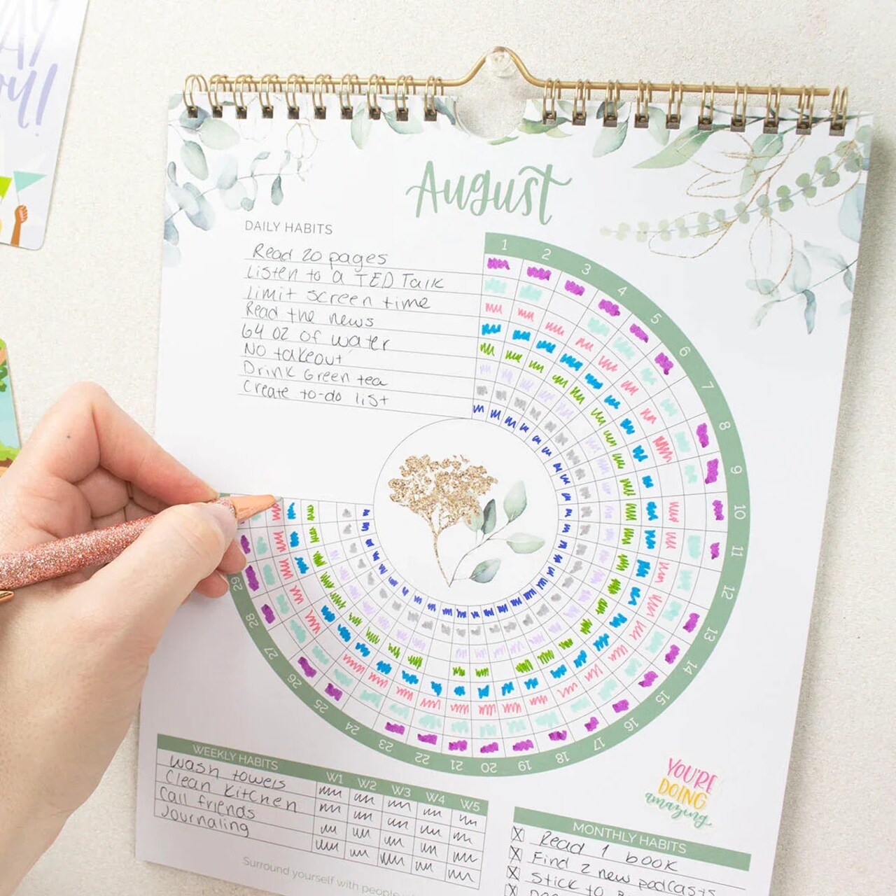 bloom daily planners Habit Tracking Calendar, 8” x 10”, Greenery